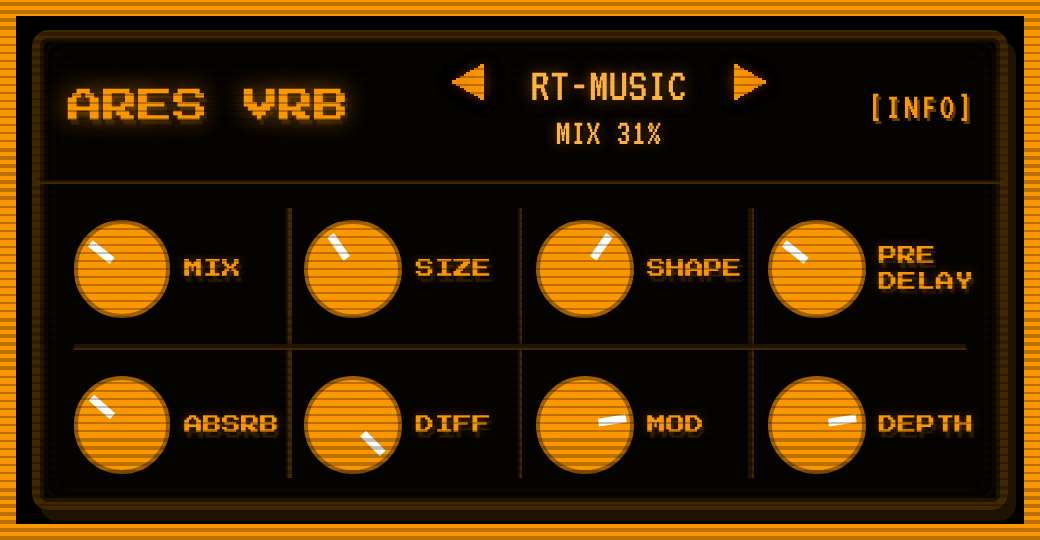 Ares VRB reverb plugin interface — RT-MUSIC mode